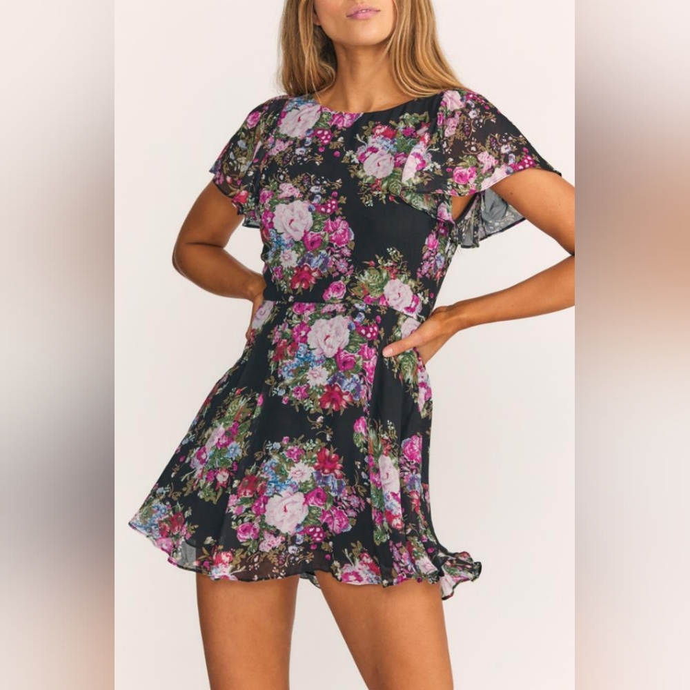 Loveshackfancy Garner Frill-Sleeve Floral Mini Dress, size 6